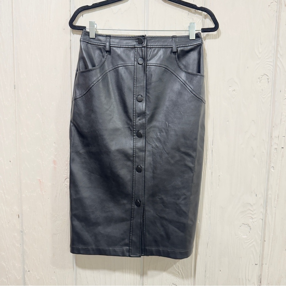 LBV FAUX Leather Elegant Black Button-Front Pencil Skirt
